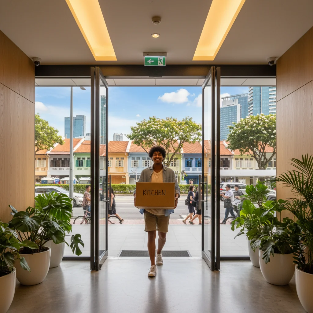 A photorealistic image of a young adult tenant happily moving into a modern apartment in Singapore, symbolizing the positive outcome of a landlord reference letter in securing housing.