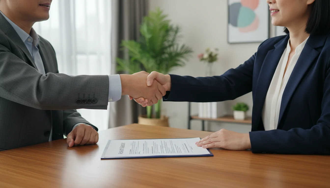 Two adults shaking hands over lease