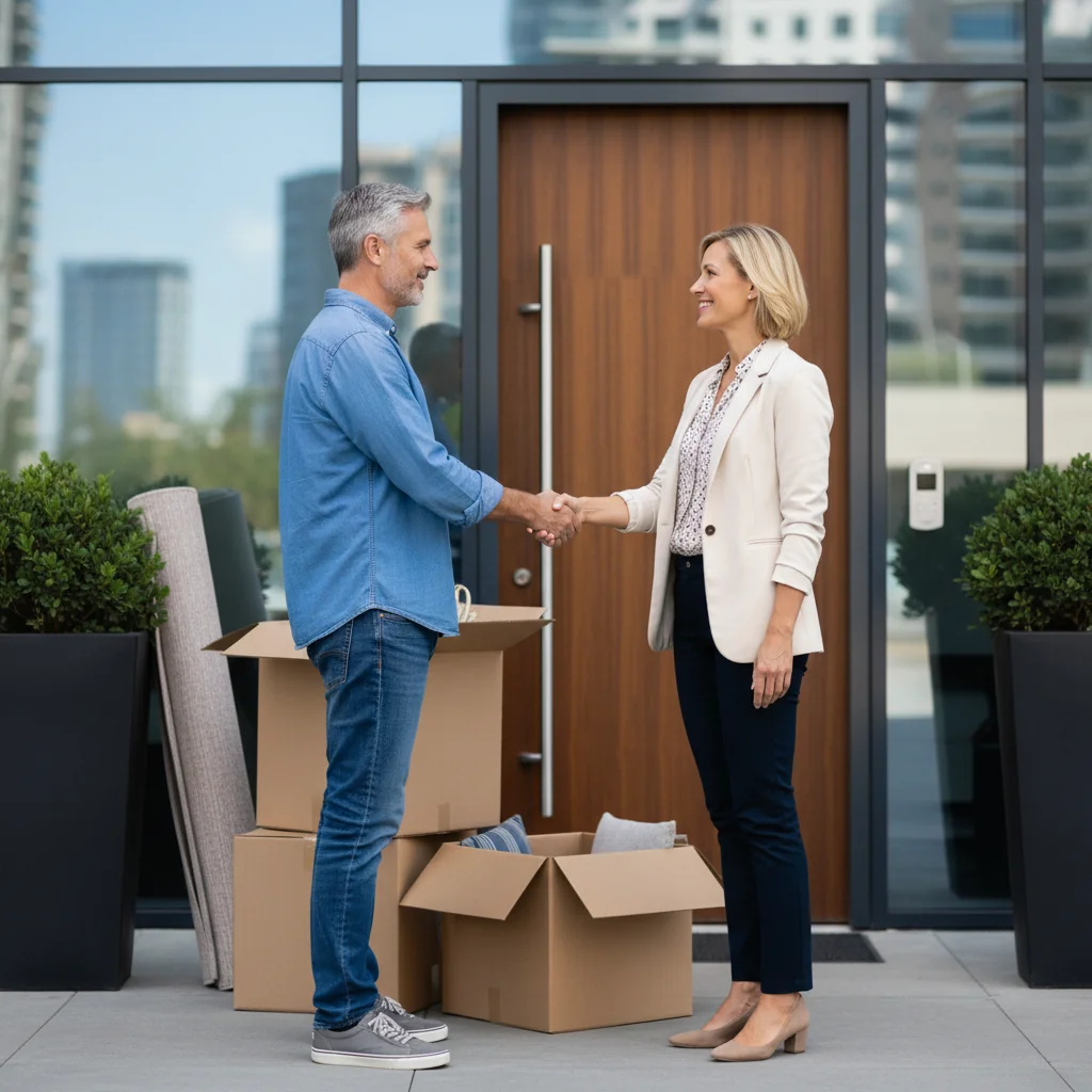 A photorealistic image depicting a satisfied adult tenant moving into a new apartment, symbolizing trust and reliability in rental housing, with a landlord welcoming them at the door, no documents visible, no children present.