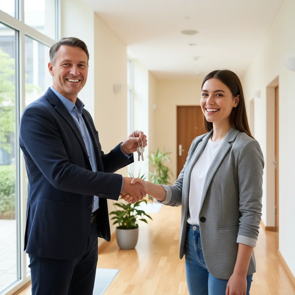 A photorealistic image of a smiling adult landlord handing over keys to an adult tenant during a friendly handshake in a modern apartment building hallway, symbolizing trust and recommendation in rental agreements.