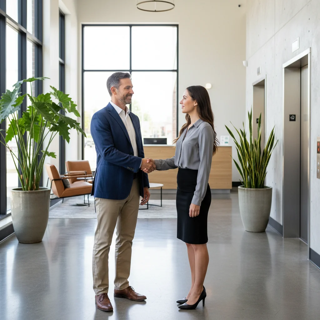 A photorealistic image of a professional landlord and tenant shaking hands in a modern apartment building lobby, symbolizing trust and recommendation in rental agreements, with warm lighting and a welcoming atmosphere.