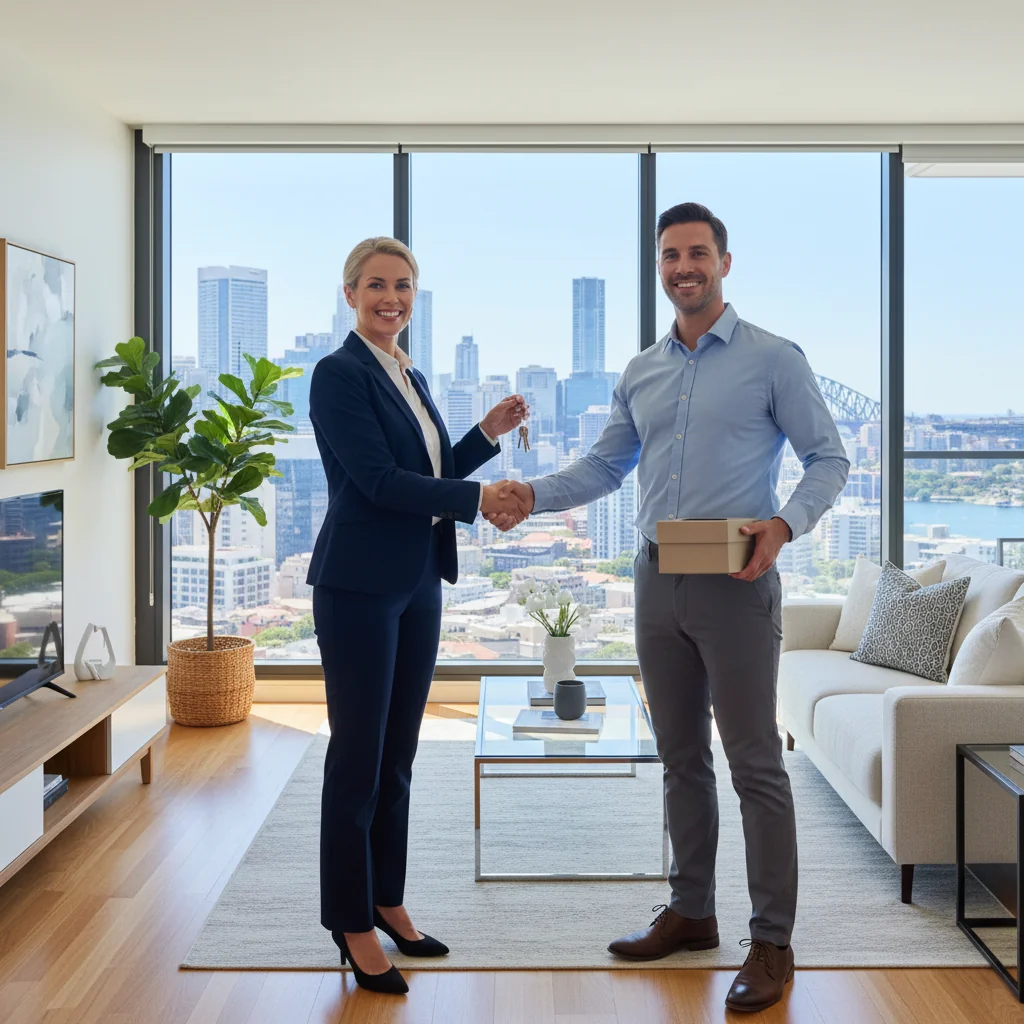 A photorealistic image of a professional landlord and a satisfied adult tenant shaking hands in a modern Australian apartment setting, symbolizing a positive rental reference and successful tenancy relationship. The scene conveys trust and agreement in the rental process, with no children present.