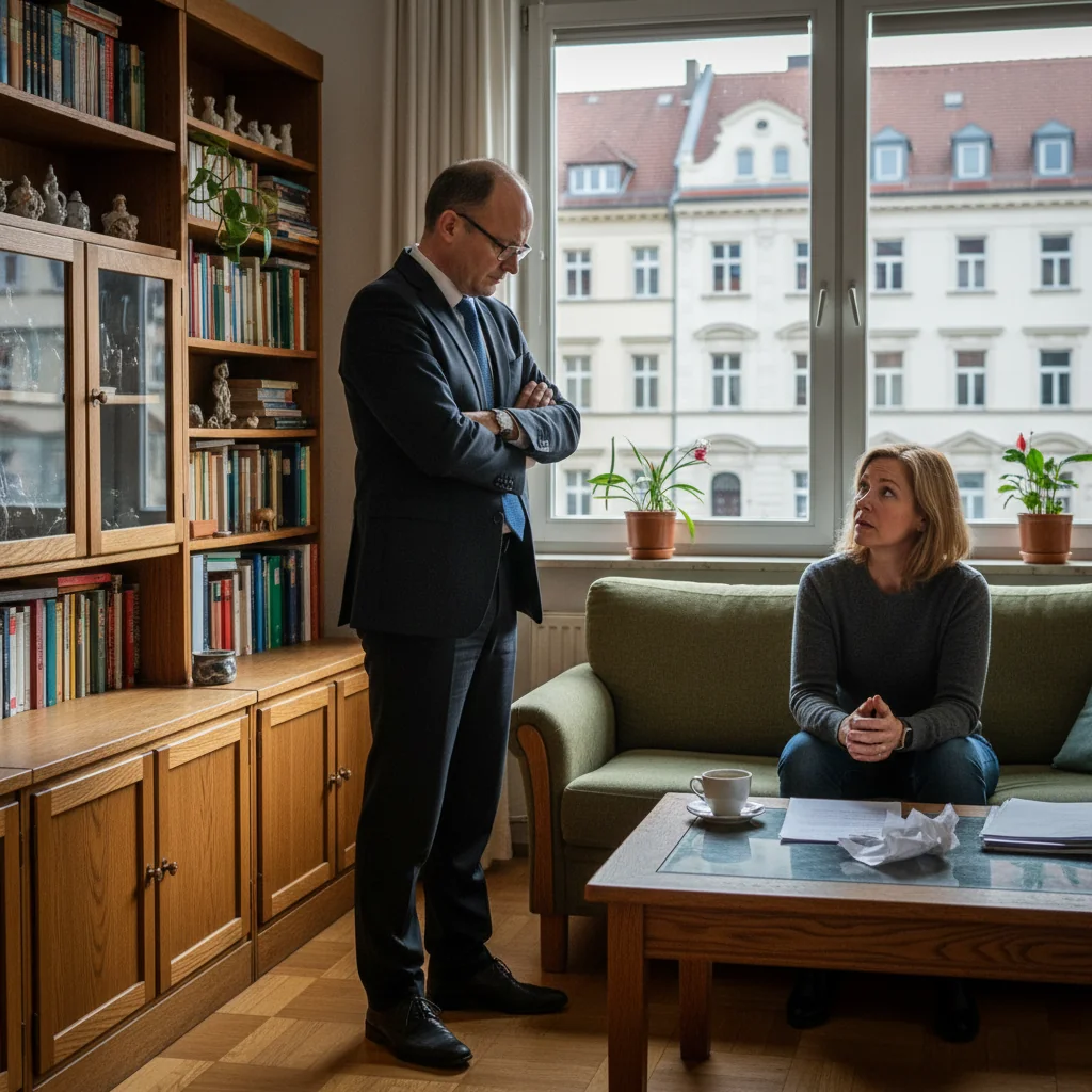 A photorealistic image depicting a tense moment in a German apartment setting, where a landlord and a tenant are engaged in a serious discussion about eviction, symbolizing the legal process of tenant removal in Germany. The scene shows the interior of a modest apartment with everyday items, emphasizing the human aspect of housing rights without focusing on documents.