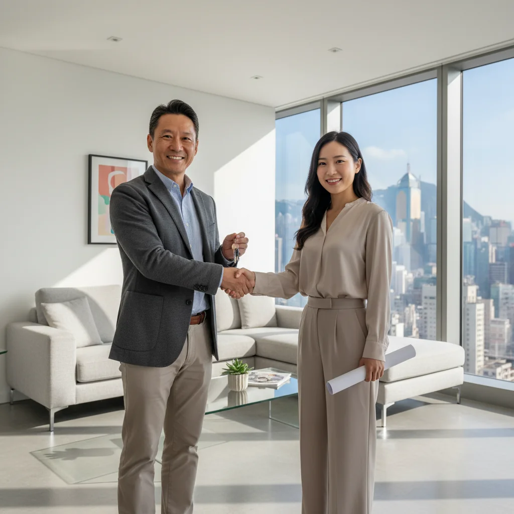 A photorealistic image of a smiling adult landlord in Hong Kong shaking hands with a happy adult tenant in a modern apartment, symbolizing successful rental agreement and trust in the leasing process, with subtle Hong Kong skyline in the background through a window.