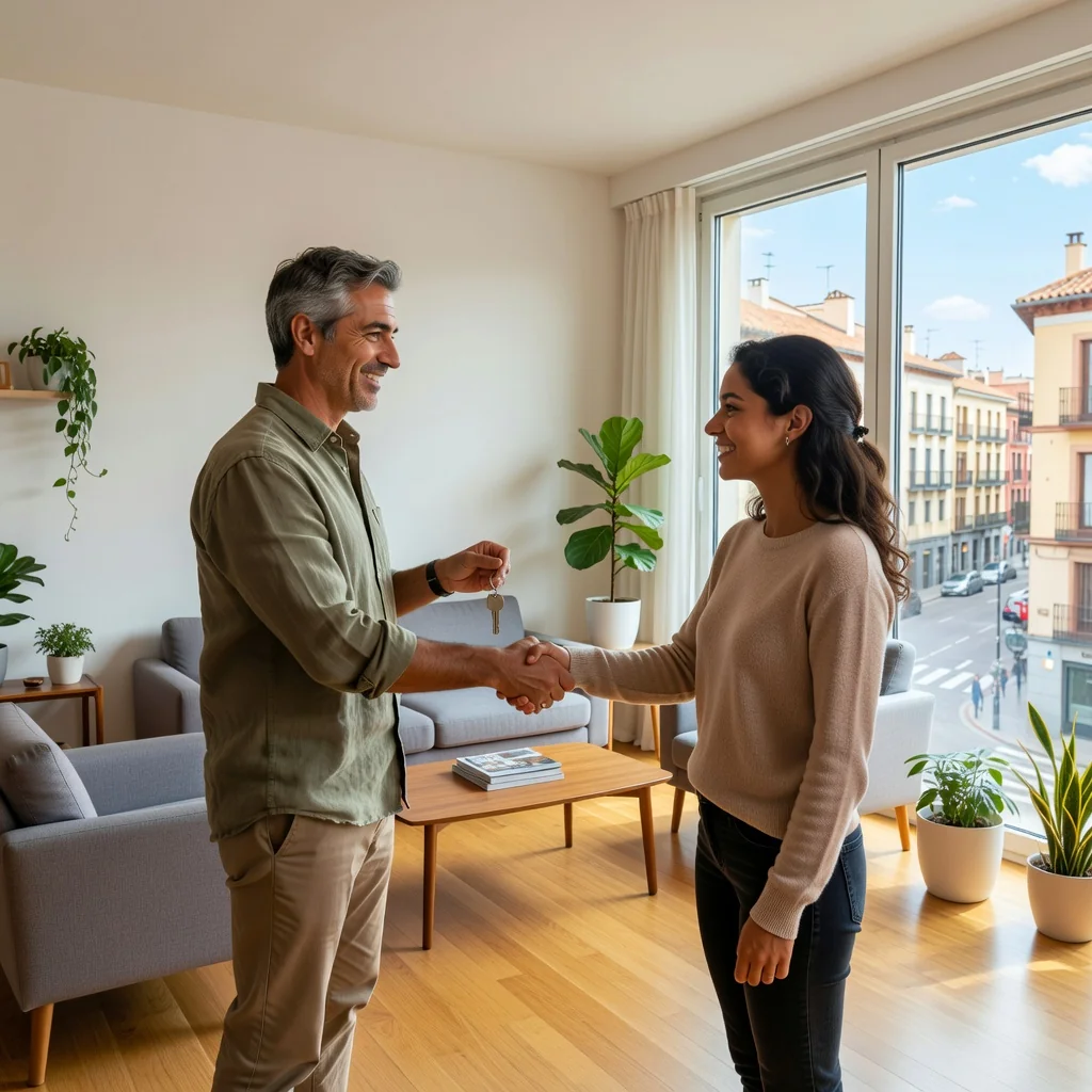 A photorealistic image of a professional landlord and tenant shaking hands in a modern Spanish apartment, symbolizing a successful rental agreement and positive landlord reference, with warm natural light and contemporary interior details, no children present.