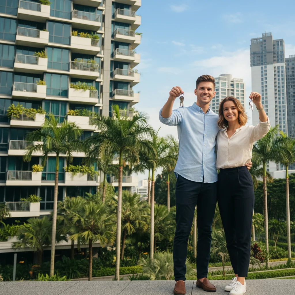 A photorealistic image of a young adult professional couple standing in front of a modern apartment building in Singapore, smiling confidently as they hold keys to their new rental home, symbolizing successful tenancy approval through a landlord reference. The scene captures the excitement of moving into a new place, with tropical urban backdrop including palm trees and high-rises, no children present.
