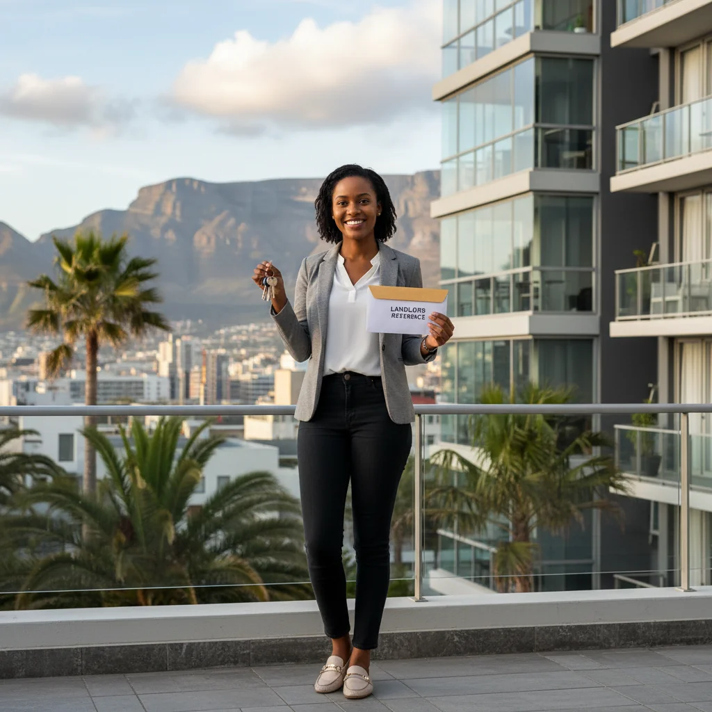 A photorealistic image of a young adult renter in South Africa, standing confidently outside a modern apartment building in an urban setting like Johannesburg, holding a set of keys in one hand and a reference letter envelope in the other, symbolizing successful tenancy approval and the importance of landlord references, with a subtle South African flag or cityscape in the background, no children present.