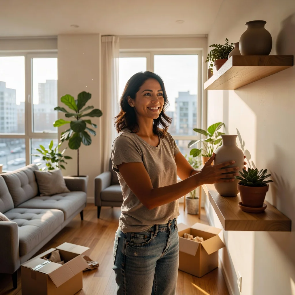 A photorealistic image of a happy adult tenant moving into a modern apartment, unpacking boxes in a bright living room with large windows overlooking a cityscape, symbolizing the benefits and security of rental housing without showing any legal documents.