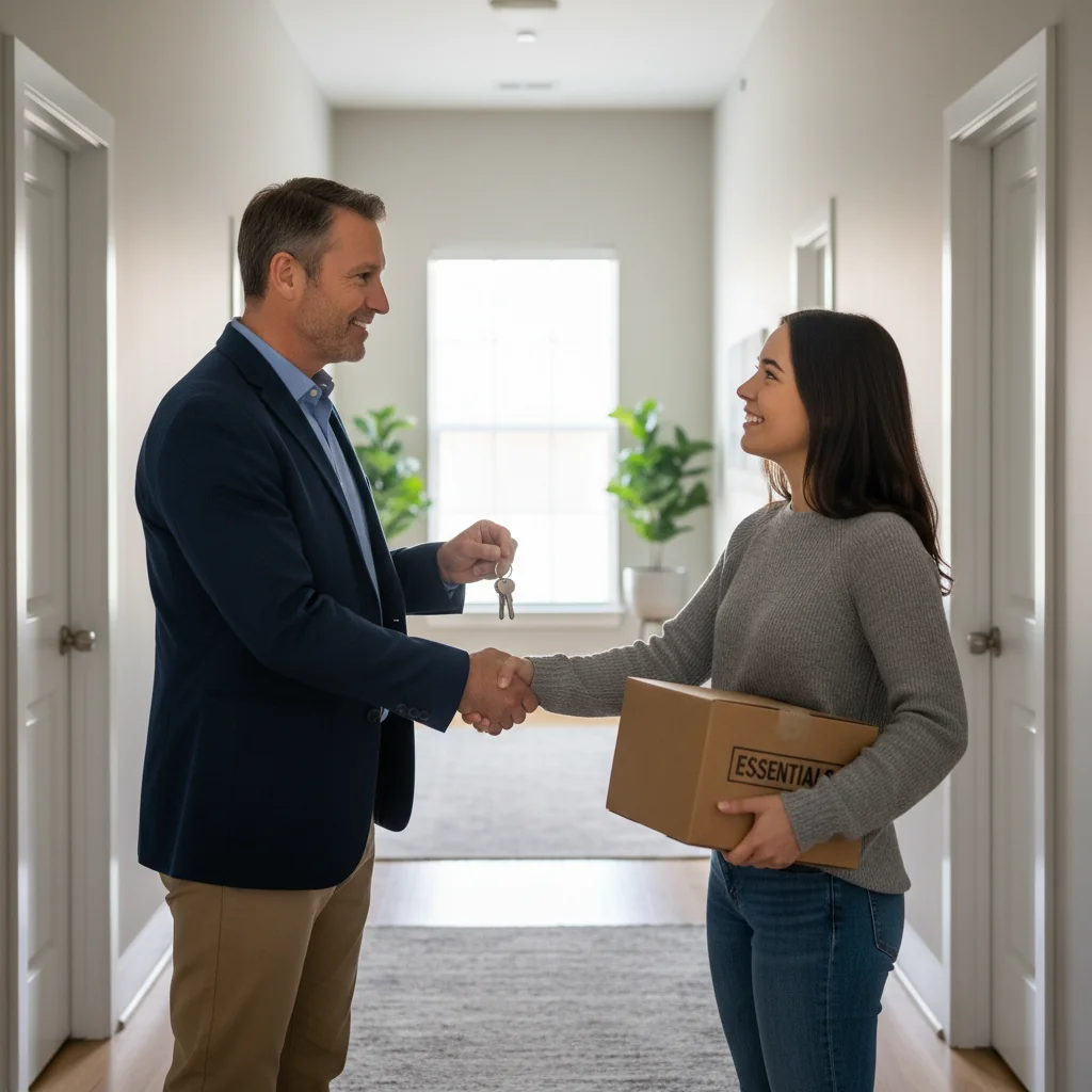 A photorealistic image of a professional landlord and tenant shaking hands in a well-maintained apartment building hallway, symbolizing a positive rental reference and successful tenancy agreement. The scene conveys trust and satisfaction in the rental process, with no children present.