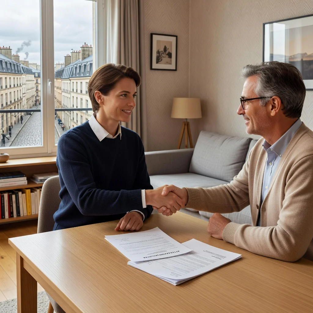 A photorealistic image representing the purpose of a rent attestation in France, showing an adult tenant receiving a housing subsidy or rent assistance document from a landlord in a modern French apartment setting, emphasizing affordability and secure housing without displaying the actual document.