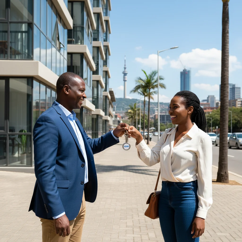 A photorealistic image of a smiling adult tenant receiving keys to a new apartment from a friendly adult landlord in a modern South African urban setting, symbolizing a successful rental agreement and positive reference, with no children present.
