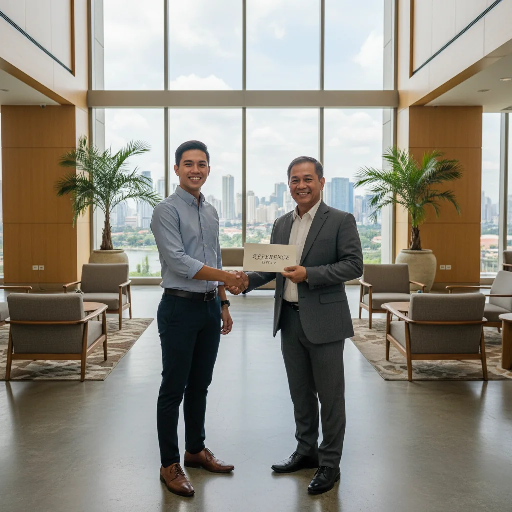 A photorealistic image of a smiling adult renter in the Philippines receiving a positive reference letter from a satisfied landlord in a modern apartment setting, symbolizing trust and smooth tenancy transition, with Philippine urban backdrop.
