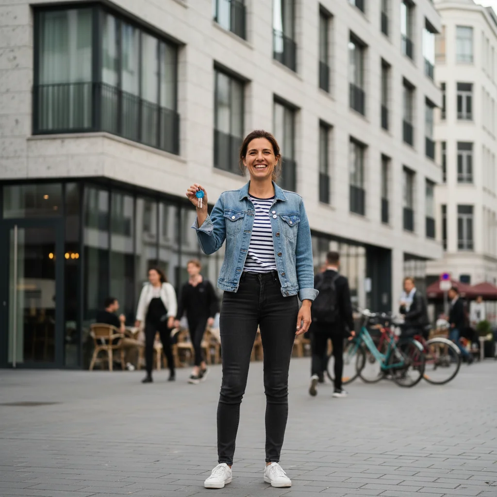 A photorealistic image of a happy adult Belgian tenant moving into a modern apartment in Brussels, symbolizing trust and reliability in renting, with the city skyline in the background.