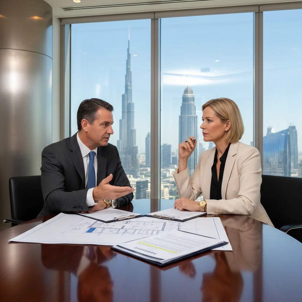 A professional scene in a modern Dubai office building, showcasing a business meeting between two adult professionals discussing legal agreements, with UAE skyline visible through the window, symbolizing legal documentation processes in the United Arab Emirates.