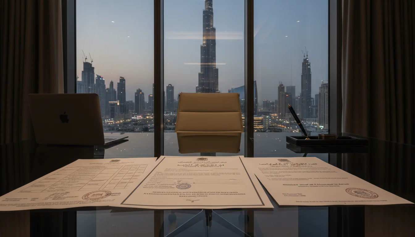 UAE skyline with legal documents