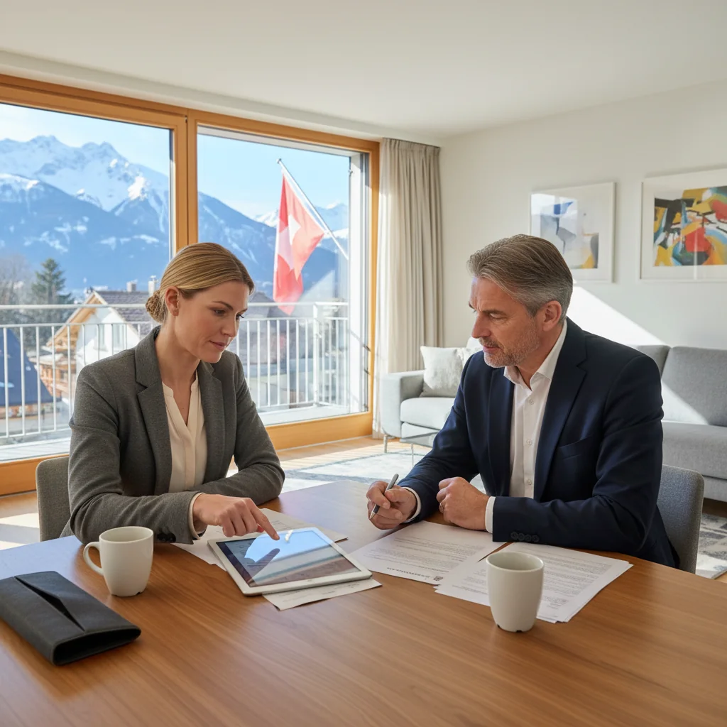 A photorealistic image of a professional adult tenant in Switzerland reviewing rental agreement details with a real estate agent in a modern apartment setting, symbolizing the tenant reference document process, with Swiss Alps visible through the window.