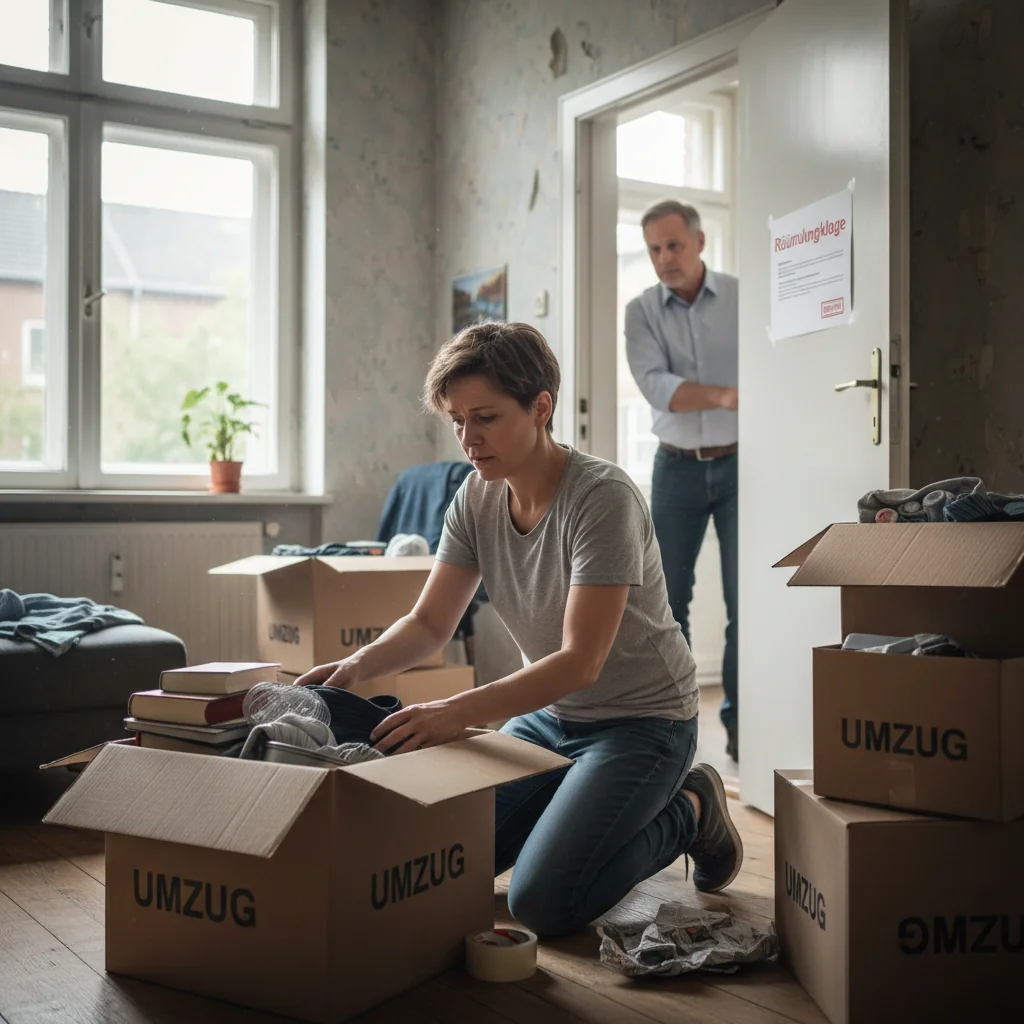 A photorealistic image of an adult tenant receiving an eviction notice from a landlord in a German apartment setting, conveying the tension and seriousness of the Mieterverweisung process without focusing on the document itself.