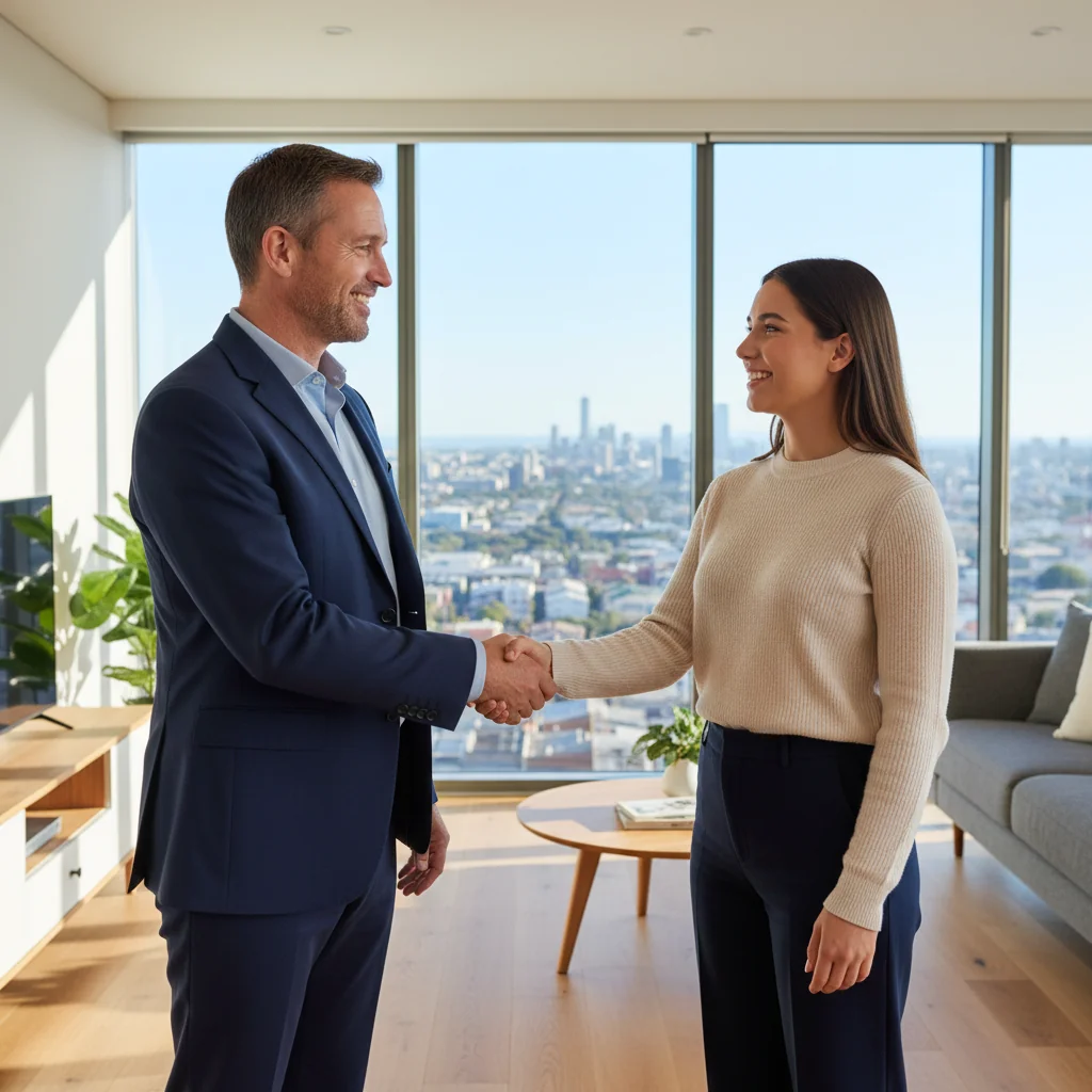 A photorealistic image depicting a professional landlord and tenant shaking hands in a modern Australian apartment setting, symbolizing the trust and reference process in rental agreements, with no legal documents visible, no children present.
