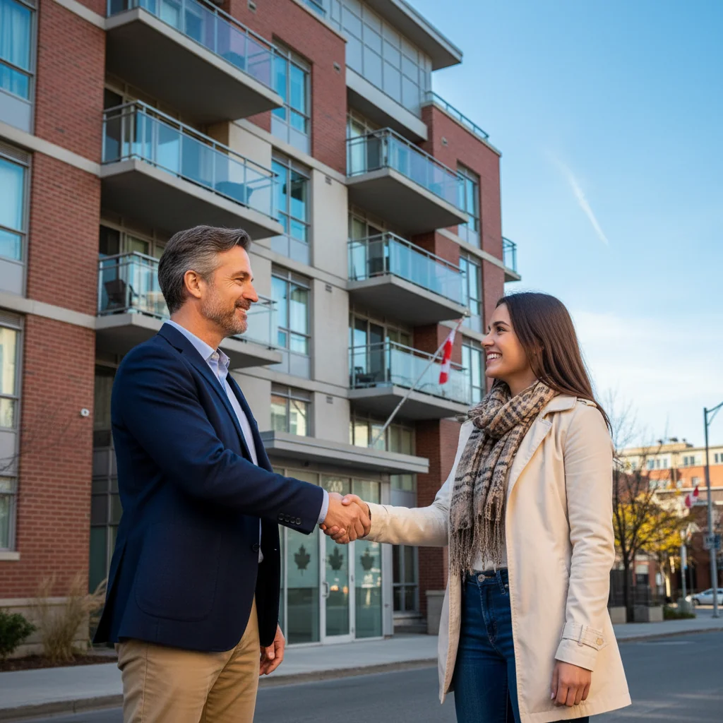 A photorealistic image of a professional landlord and a tenant shaking hands in front of a modern Canadian apartment building, symbolizing a successful rental agreement and reference process, with a welcoming urban background, no children present.