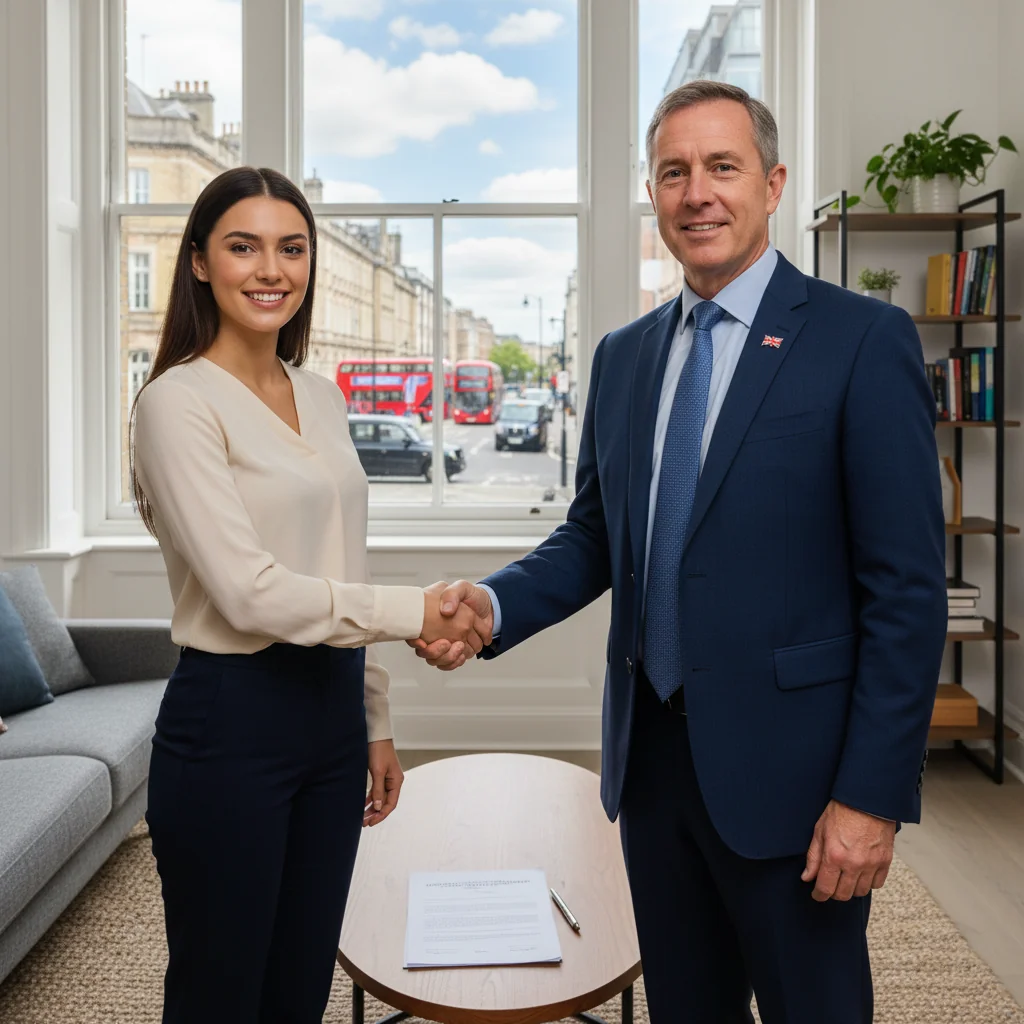 A photorealistic image of a professional landlord and tenant shaking hands in a modern UK apartment, symbolizing trust and agreement in rental references, with no children present.