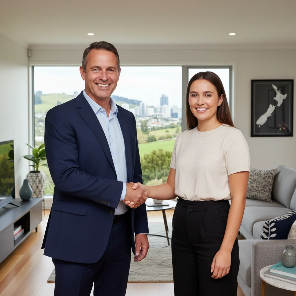 A photorealistic image of a professional landlord and a tenant shaking hands in a modern New Zealand apartment, symbolizing trust and agreement in rental housing, with a scenic view of Auckland cityscape in the background, no children present.