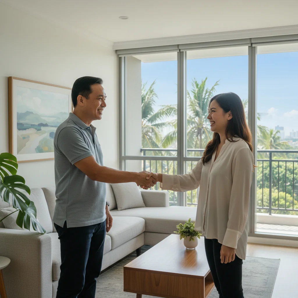 A photorealistic image of a professional landlord and tenant shaking hands in a modern apartment setting in the Philippines, symbolizing a successful rental agreement and trust in housing references, with tropical Philippine elements like a window view of palm trees, no children present.