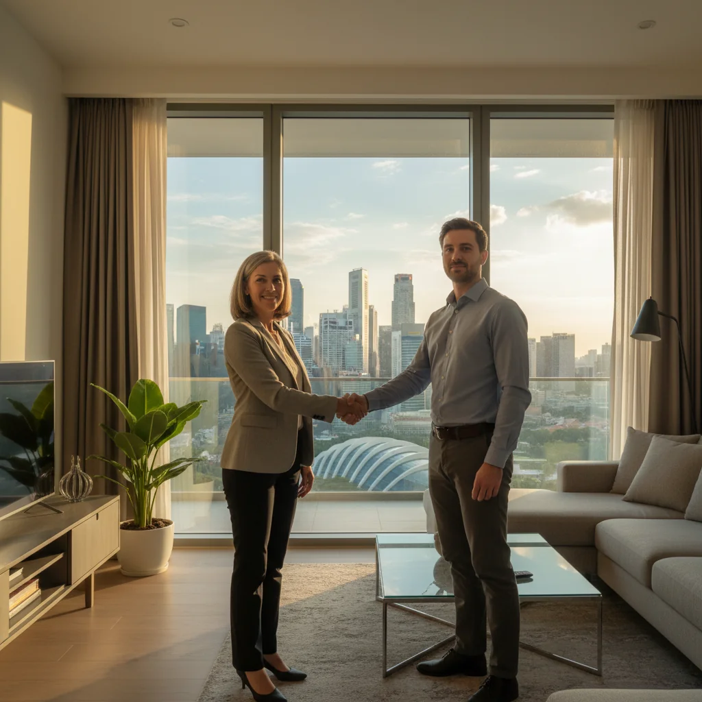 A photorealistic image of a professional landlord and tenant shaking hands in a modern Singapore apartment, symbolizing a successful rental agreement, with the city skyline visible in the background through a window, conveying trust and legal assurance in property rental without focusing on any documents.