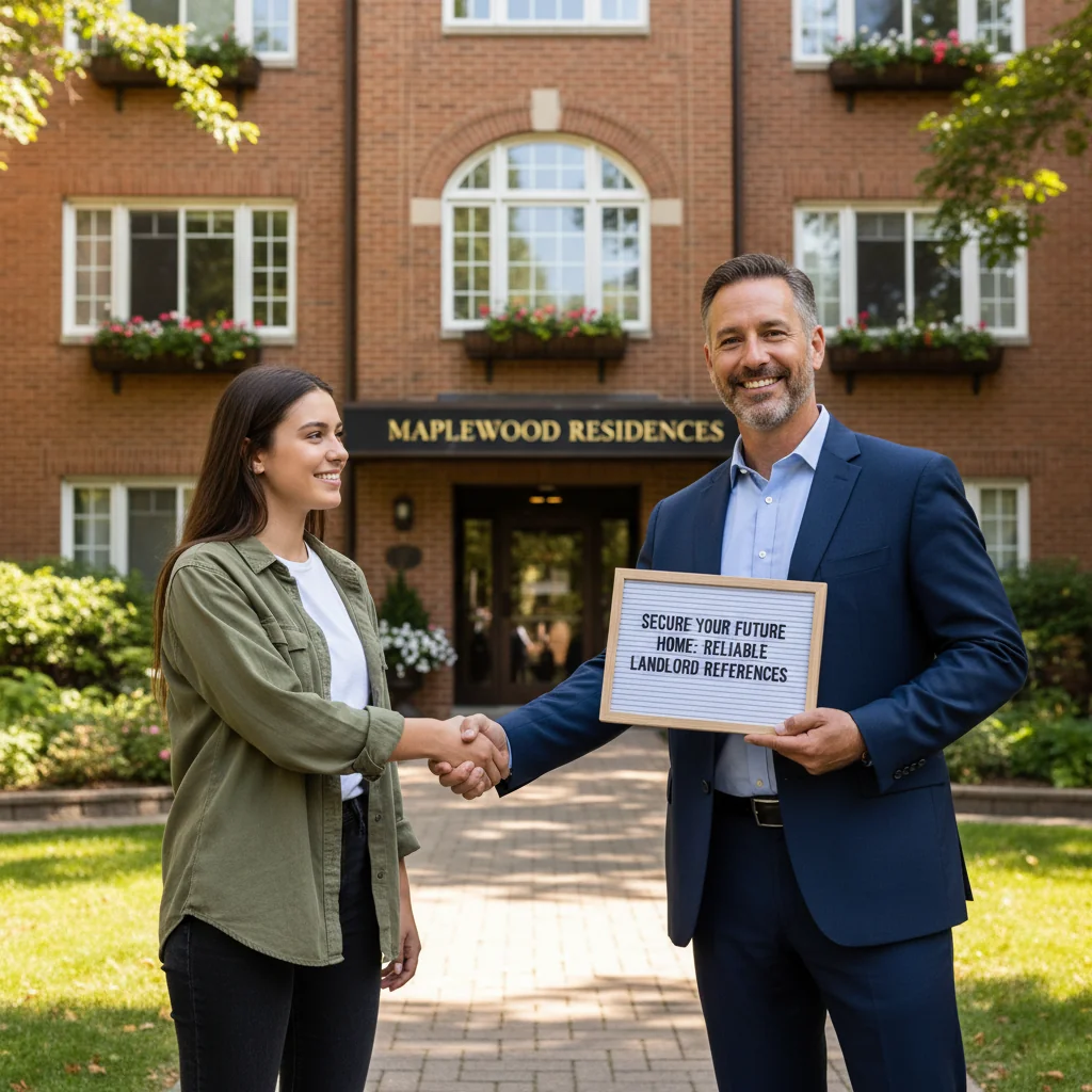 A photorealistic image of a professional landlord and tenant shaking hands in front of a modern apartment building, symbolizing trust and successful rental agreement, with no legal documents visible, no children present.
