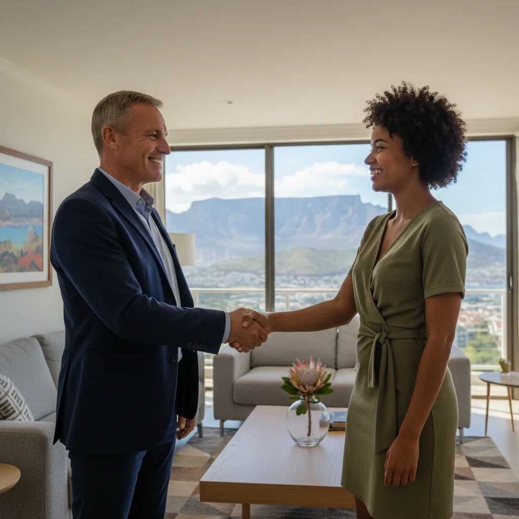 A photorealistic image of a professional adult landlord and tenant shaking hands in a modern South African apartment setting, symbolizing a successful rental agreement and trust in the rental process, with subtle South African elements like a flag or landscape in the background.