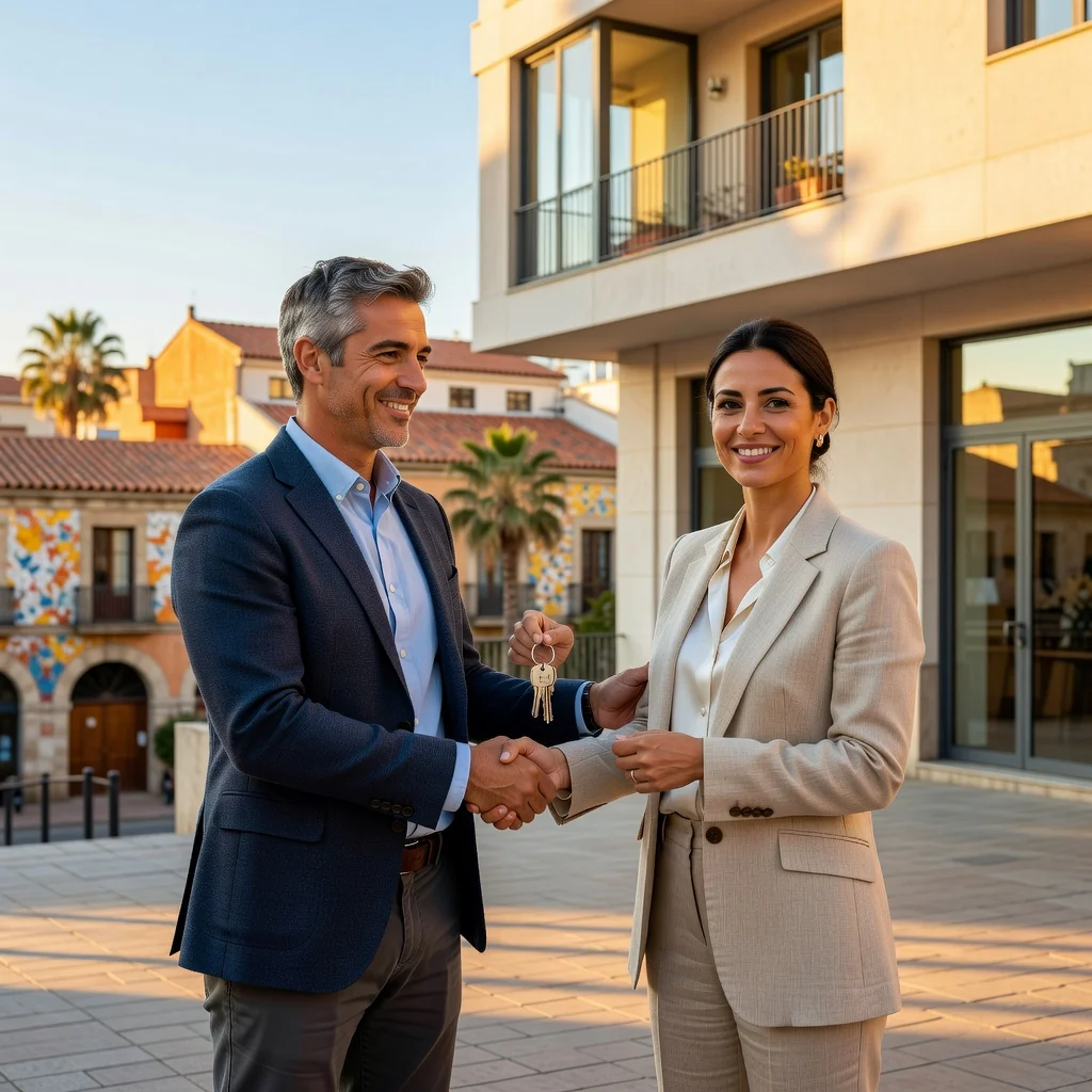 A photorealistic image of a smiling adult tenant receiving keys to a modern Spanish apartment from a professional landlord in a sunny urban setting in Spain, symbolizing the rental agreement process without showing any legal documents.