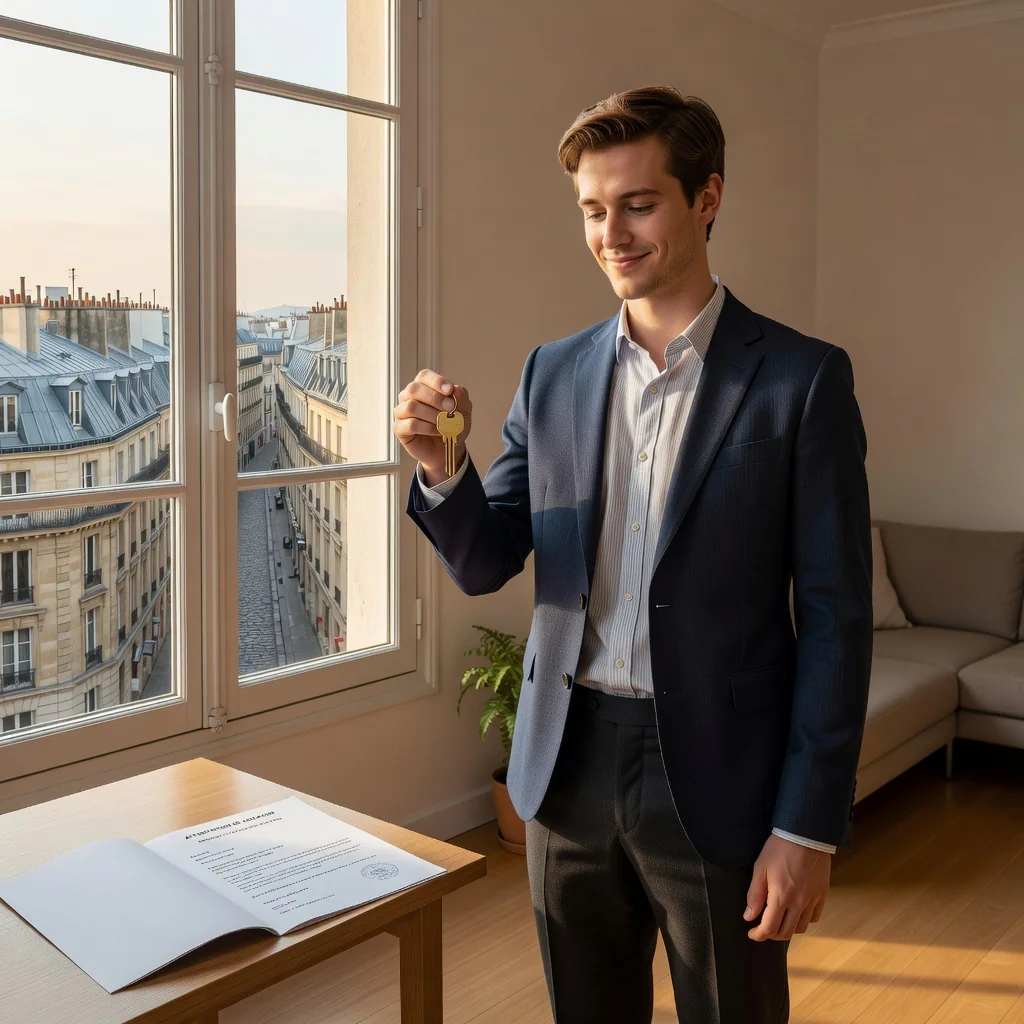 A photorealistic image representing the purpose of an Attestation de loyer, which is a legal document certifying rental payments in France for administrative or financial purposes. The scene shows a young adult professional tenant in a modern French apartment, standing by a window with a view of Parisian rooftops, holding a set of keys and looking content and secure about their housing situation, symbolizing stability and legal assurance in renting. No children are present in the image.