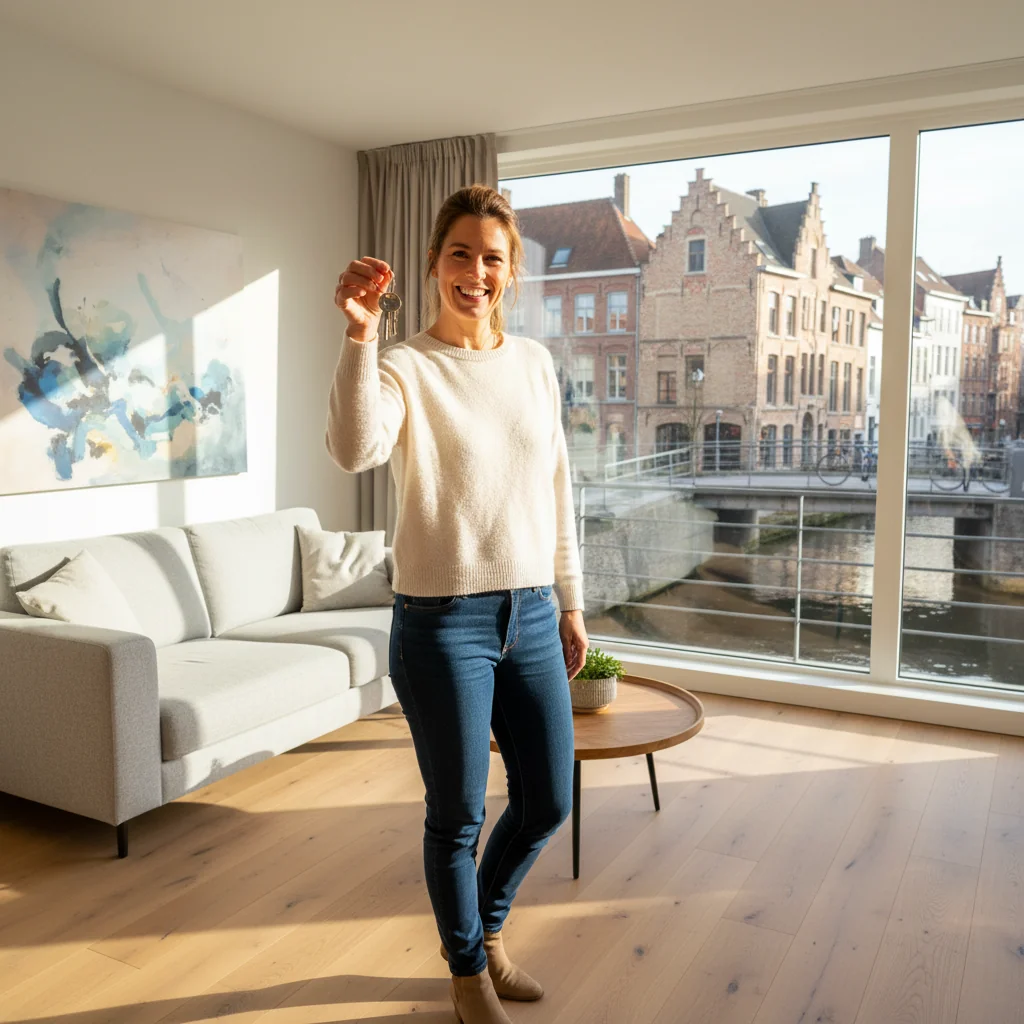 A photorealistic image of a satisfied adult tenant in a modern Belgian apartment, smiling as they unpack boxes in a cozy living room with Belgian flags or landmarks subtly visible in the background, symbolizing good tenancy and relocation in Belgium.