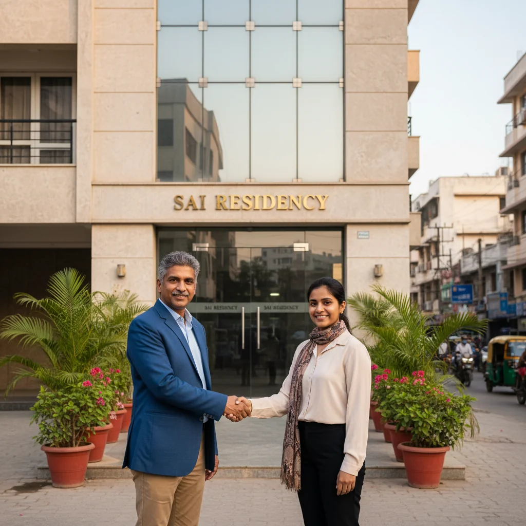 A photorealistic image of a professional adult tenant and landlord in India shaking hands in front of a modern apartment building, symbolizing a successful rental agreement. The scene conveys trust and security in housing tenancy, with no legal documents visible.