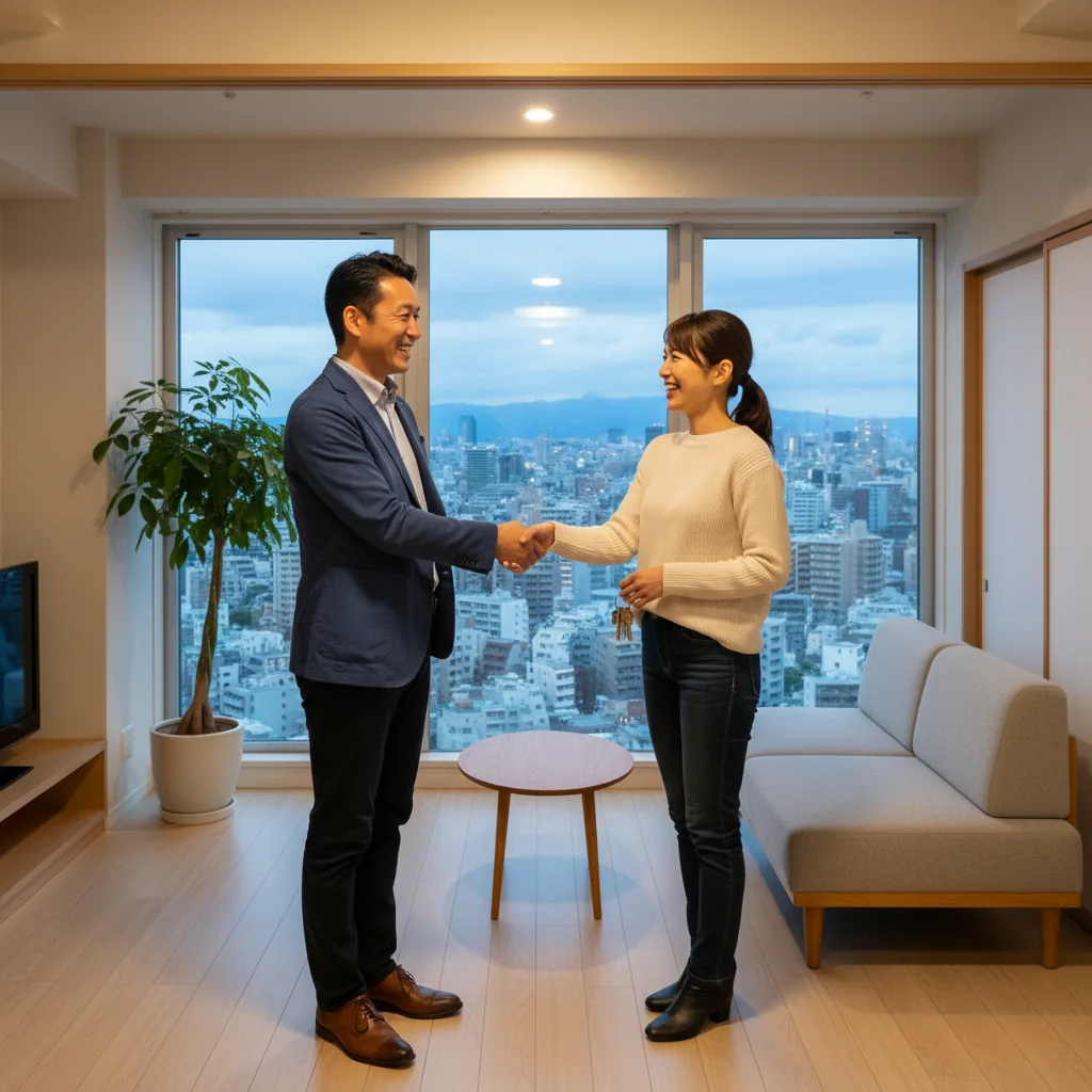 A photorealistic image of a Japanese landlord and tenant shaking hands in a modern apartment setting, symbolizing the agreement and confirmation process for rental properties in Japan, conveying trust and legal assurance without showing any documents or children.