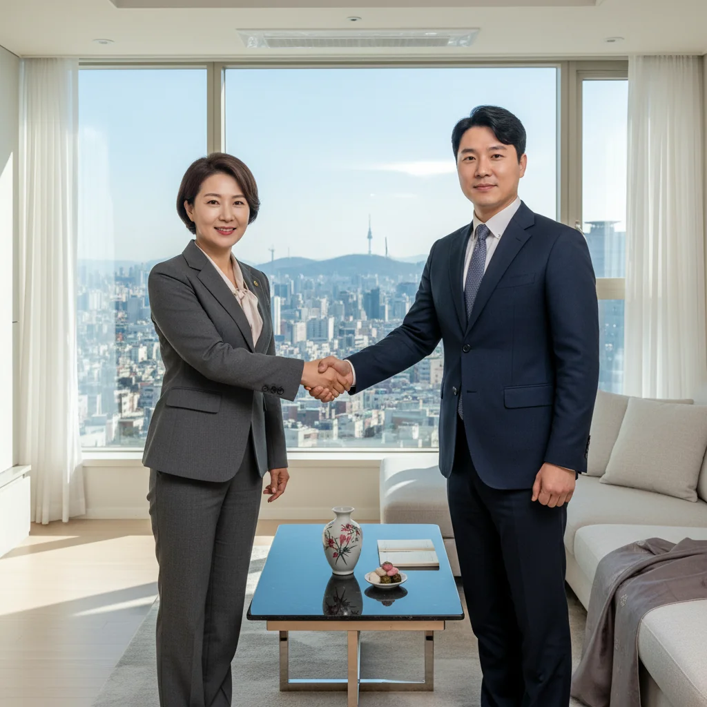 A photorealistic image of a professional adult landlord and tenant shaking hands in a modern South Korean apartment setting, symbolizing a successful rental agreement, with subtle Korean cultural elements in the background like city skyline or hanok architecture, conveying trust and legal partnership in real estate rental.