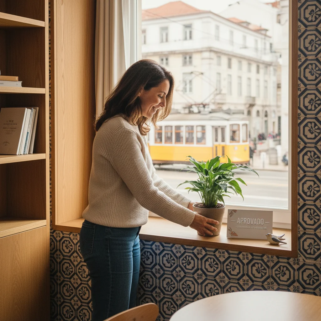 A photorealistic image of a satisfied adult tenant moving into a cozy apartment in Portugal, symbolizing the landlord recommendation letter's purpose of verifying reliable renters. The scene shows the tenant unpacking boxes in a sunny living room with Portuguese tiles and balcony view, evoking trust and home rental approval. No children are present.