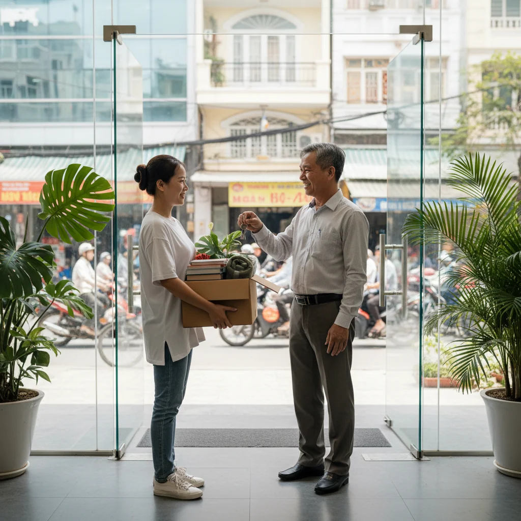 A photorealistic image of an adult Vietnamese tenant happily moving into a modern apartment in Hanoi, carrying a box of belongings while the smiling adult landlord hands over the keys at the entrance, symbolizing the confirmation of rental agreement and secure housing in Vietnam, no children present.