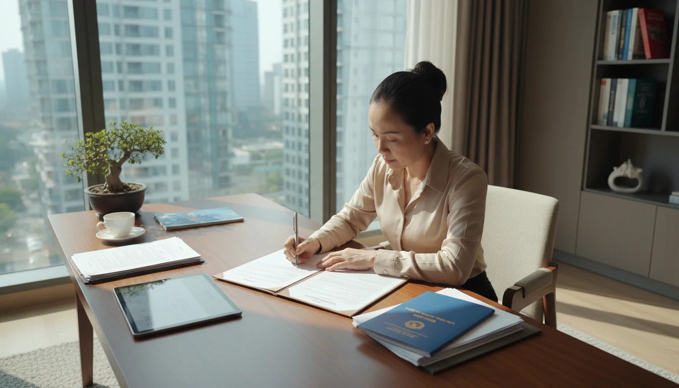 Vietnamese landlord signing document