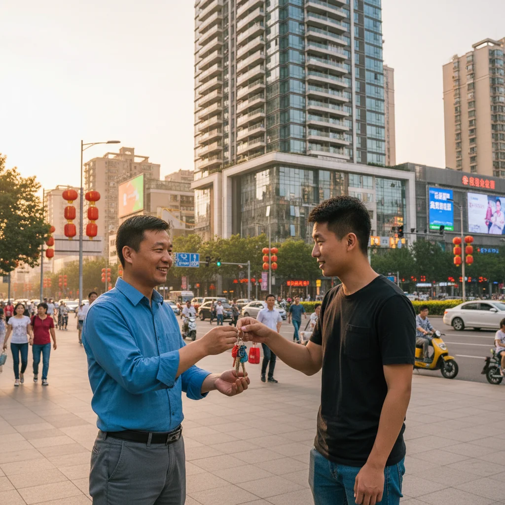 A photorealistic image of a professional adult Chinese tenant receiving keys to a modern apartment from a smiling adult landlord in an urban Chinese residential building, symbolizing the positive relationship and recommendation in a landlord reference letter for renting in China. No children present.
