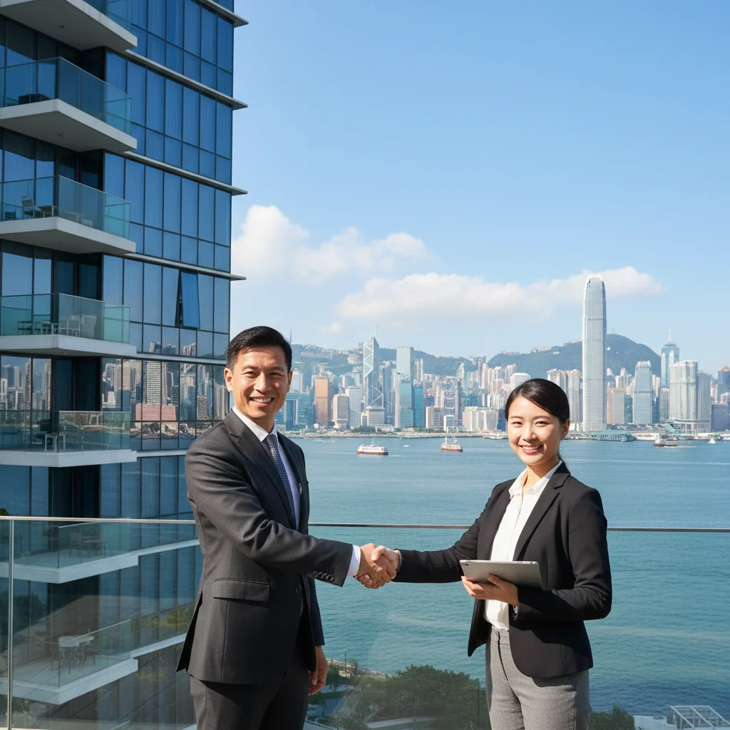 A professional real estate scene in Hong Kong featuring an adult landlord and tenant shaking hands in front of a modern apartment building, symbolizing the recommendation and trust in property rental agreements, with the city's skyline in the background.