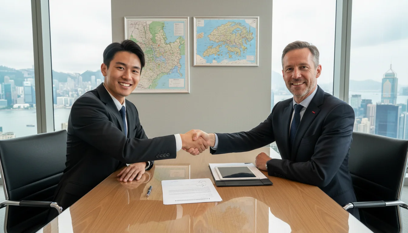 Professional couple signing rental agreement