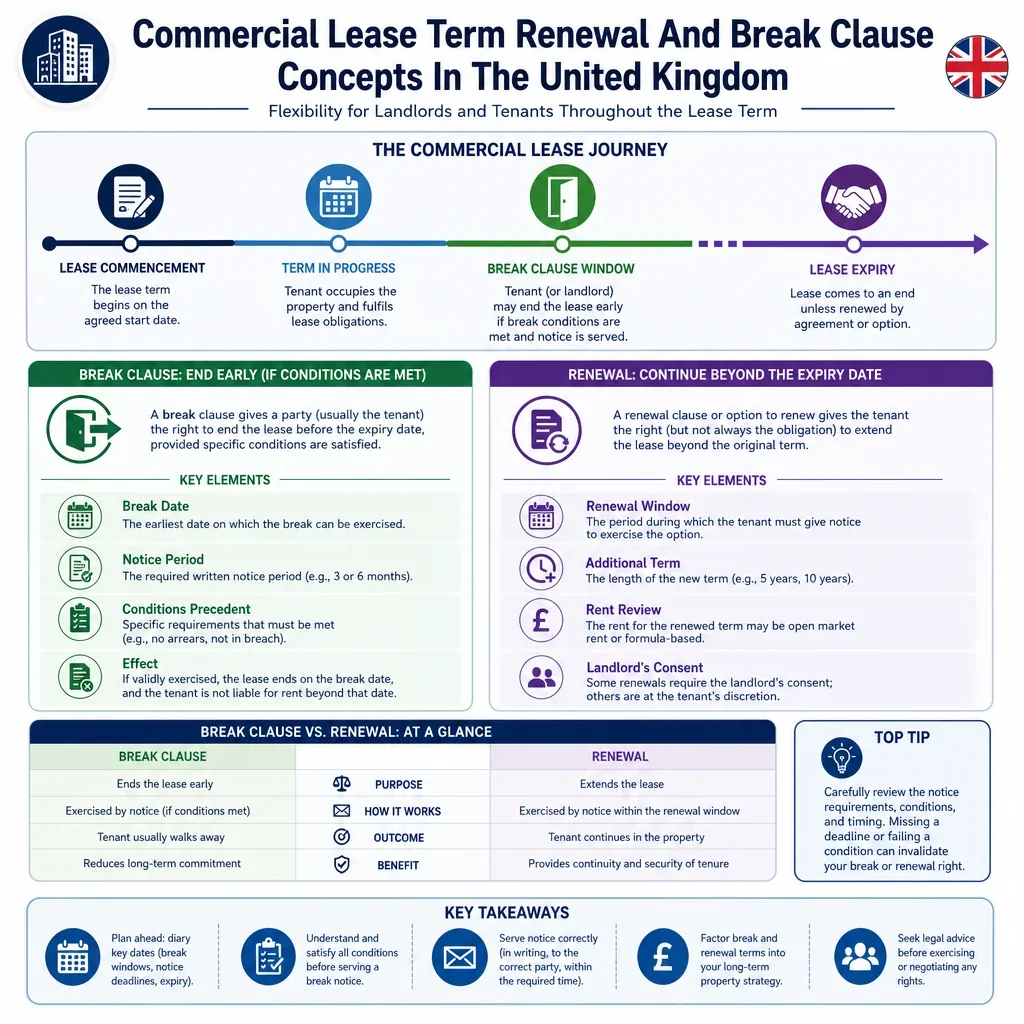 Commercial lease term renewal and break clause concepts