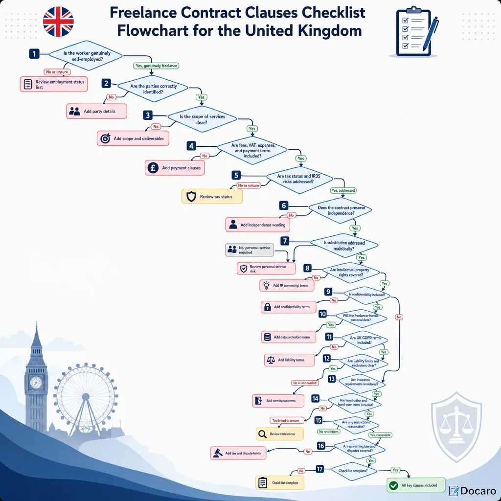 Freelance Contract Clauses Checklist Flowchart for the United Kingdom