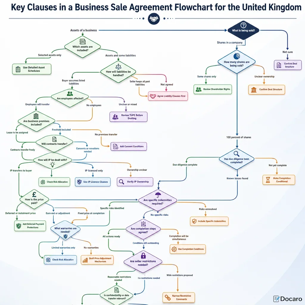 Key Clauses in a Business Sale Agreement Flowchart for the United Kingdom