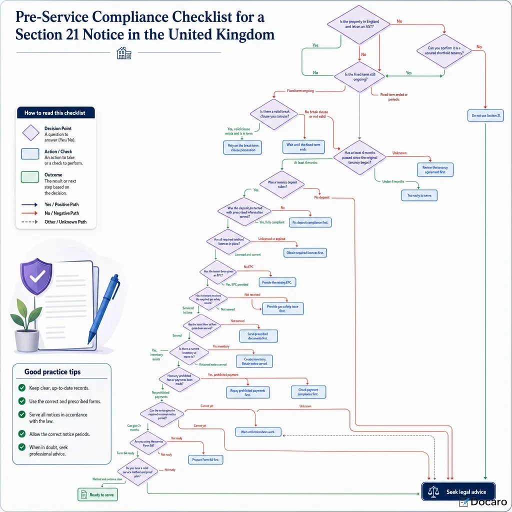 Pre-Service Compliance Checklist for a Section 21 Notice in the United Kingdom