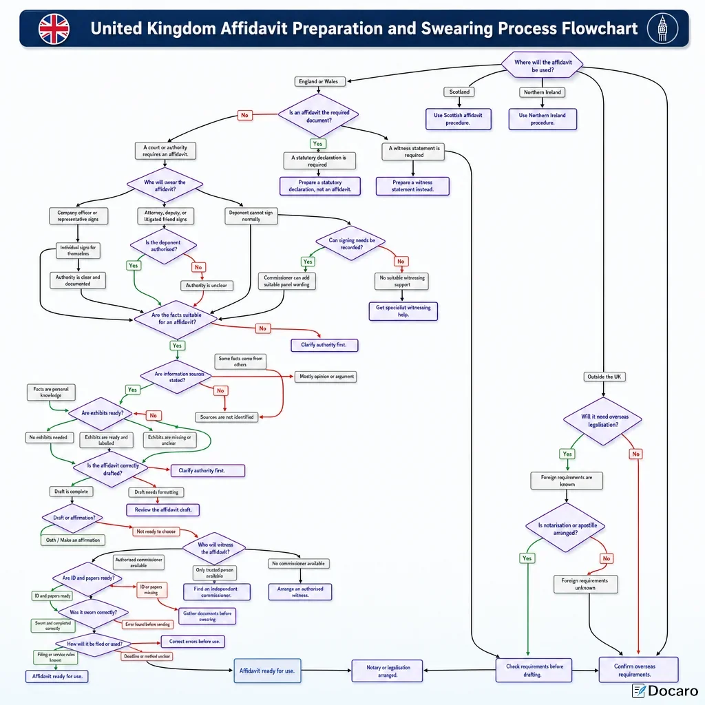 United Kingdom Affidavit Preparation and Swearing Process Flowchart