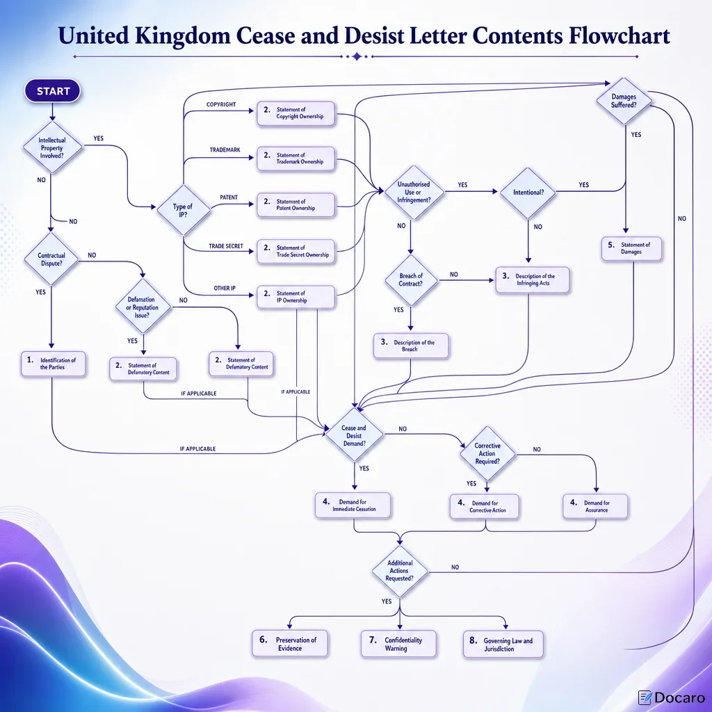 United Kingdom Cease and Desist Letter Contents Flowchart