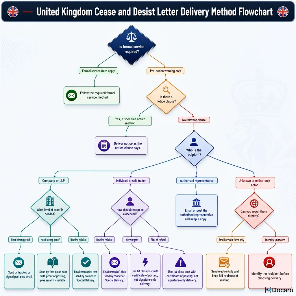 United Kingdom Cease and Desist Letter Delivery Method Flowchart