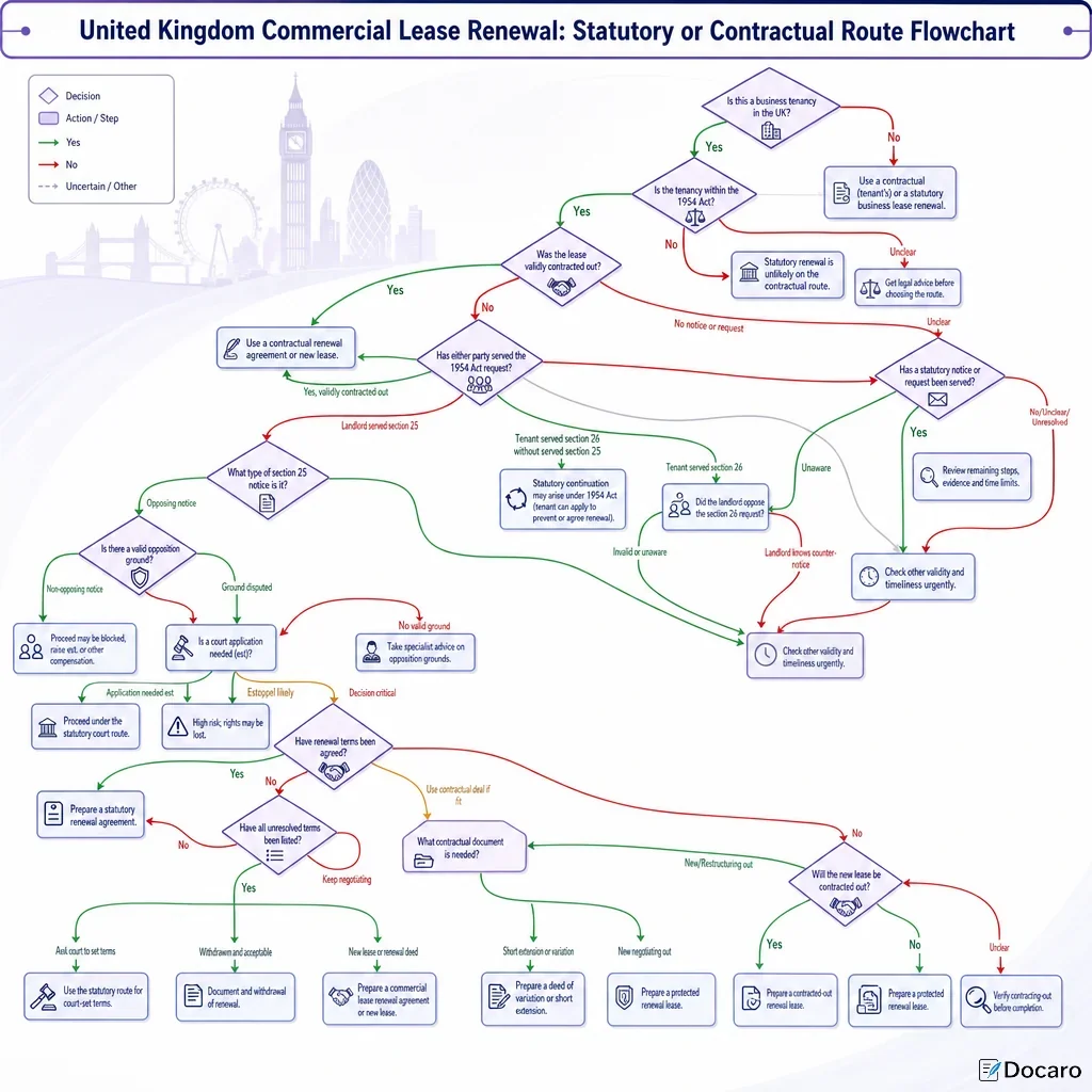 United Kingdom Commercial Lease Renewal: Statutory or Contractual Route Flowchart