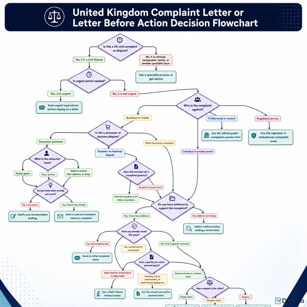 United Kingdom Complaint Letter or Letter Before Action Decision Flowchart